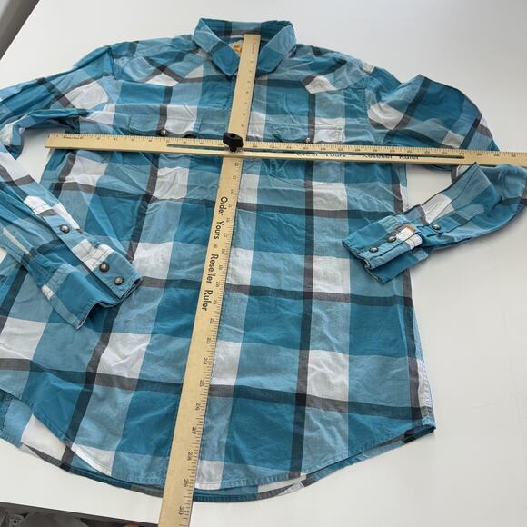 Hugo Boss Orange Shirt Mens XL Blue Plaid Western Snap Button‎ Long Sleeve Top - Picture 7 of 9